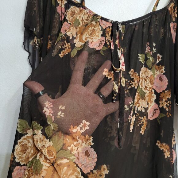 Black Sheer Floral Chiffon Blouse Tunic Handkerchief Hem Fairycore Whimsygoth L - Picture 5 of 9